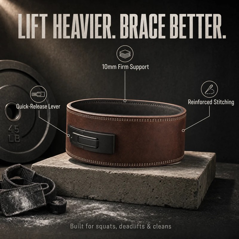 Infographic: lifting belt with callouts for support, lever, and stitching