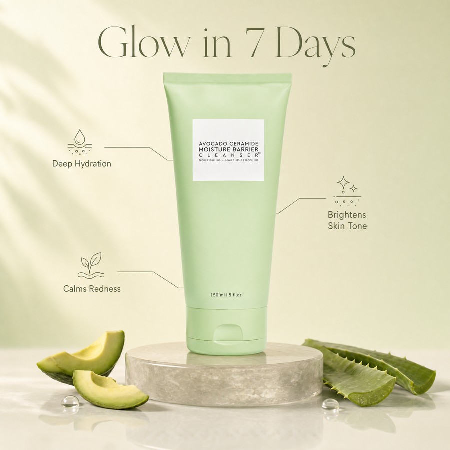 Infographic: skincare cleanser with callouts for hydration, brightening, and calming