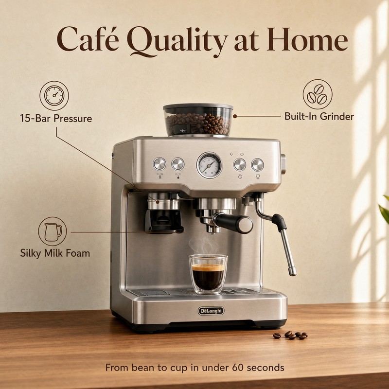 Infographic: espresso machine with callouts for pressure, grinder, and milk foam