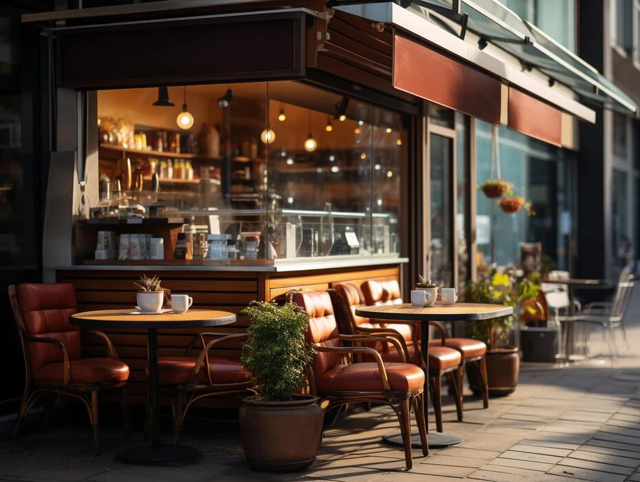 Digital model of a café terrace with leather chairs and warm interior lights