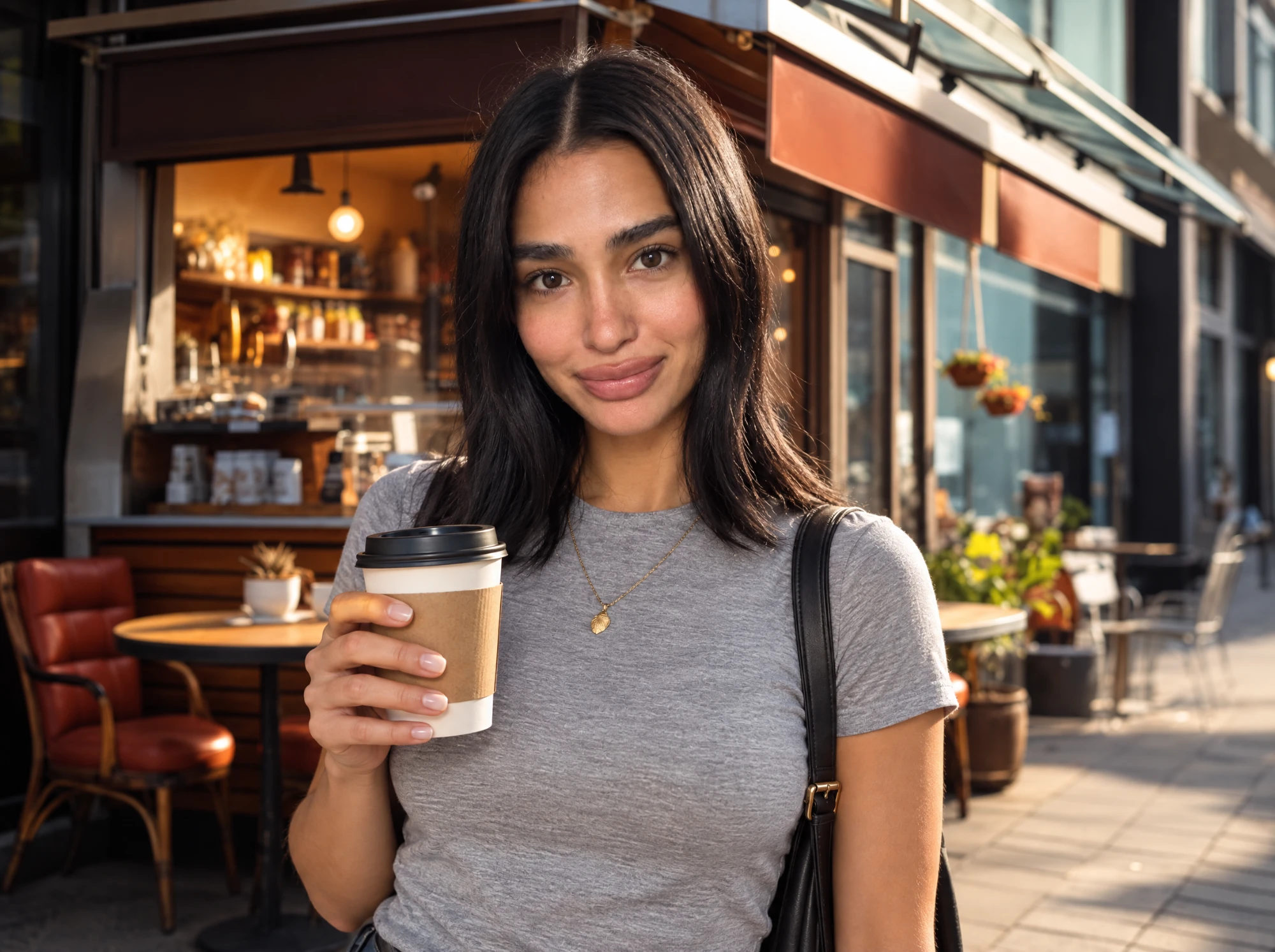Mia holding a coffee in front of the café terrace