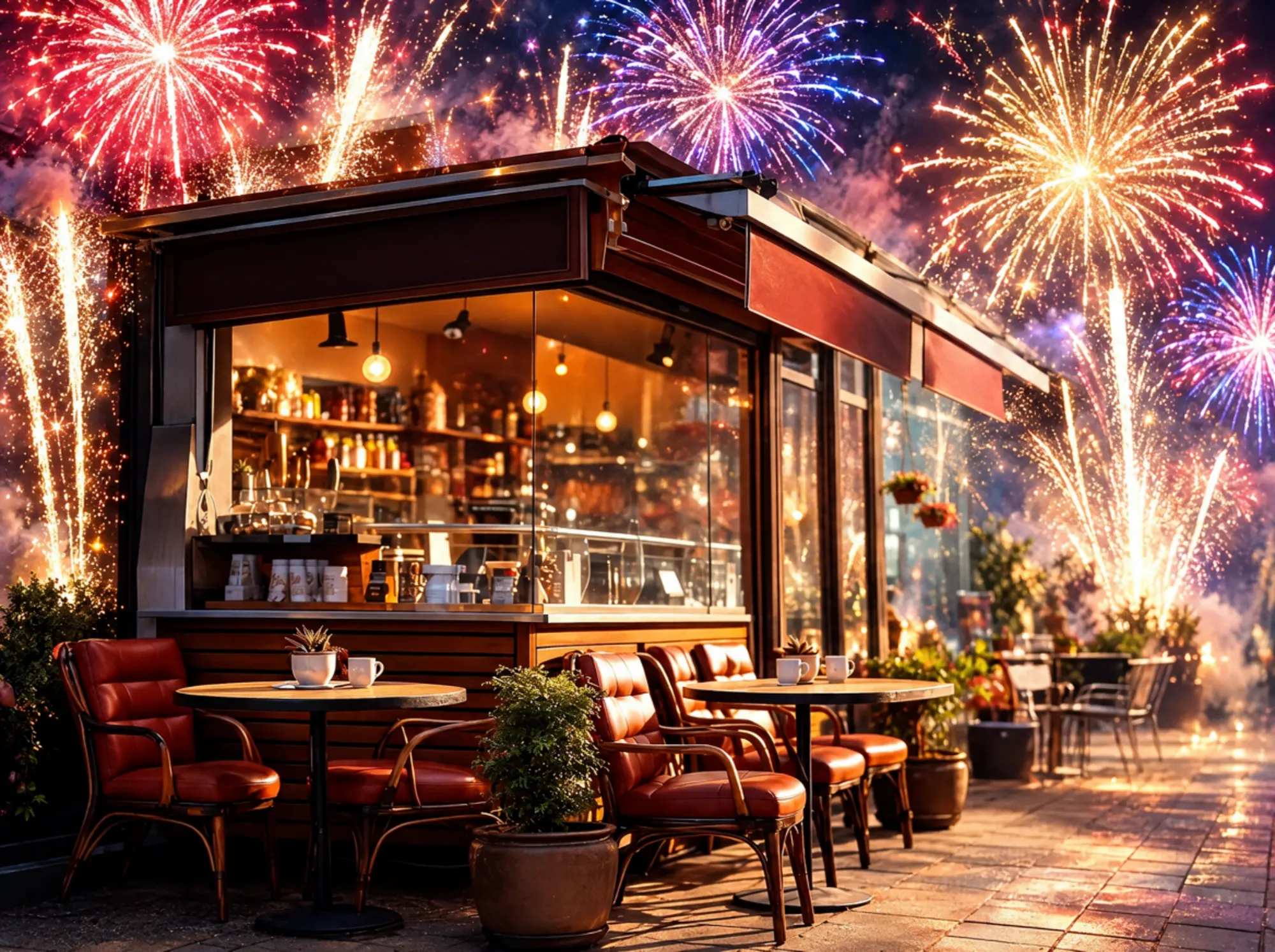 The café terrace with fireworks bursting in the night sky