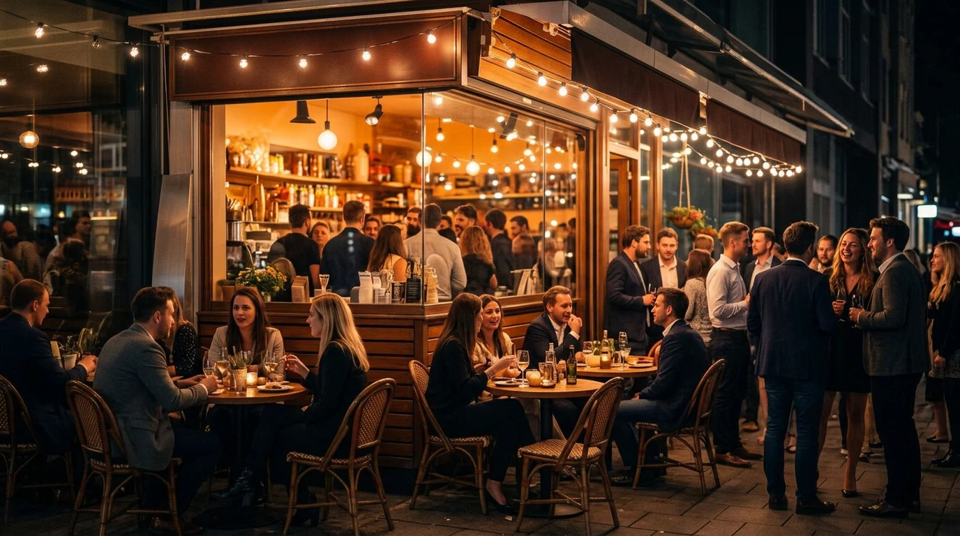 The café terrace packed with people on a party night under string lights