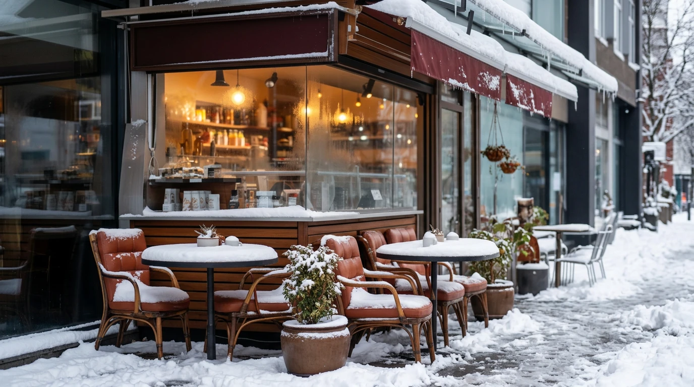 The café terrace in winter, snow on the chairs and awning, warm light inside